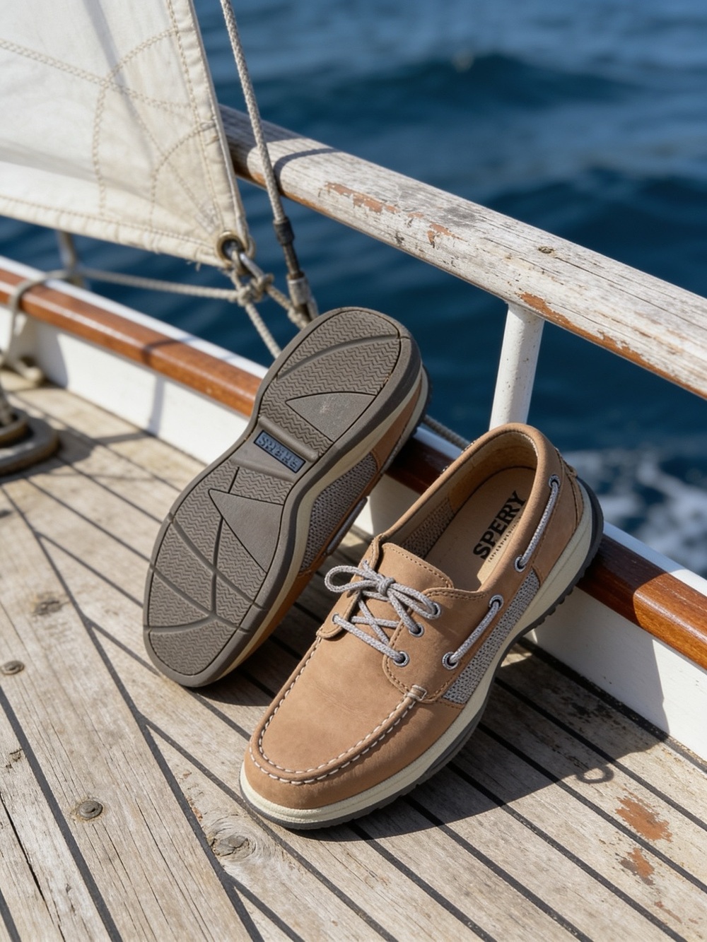 Sperry Men’s Tan Leather Boat Shoes with Grey Laces